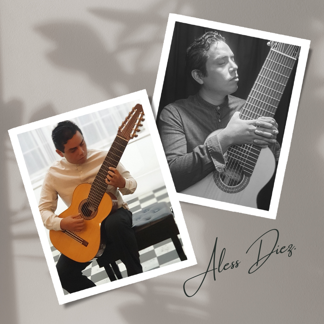 Aless Diez tocando las guitarras de diez y doce cuerdas en concierto.
