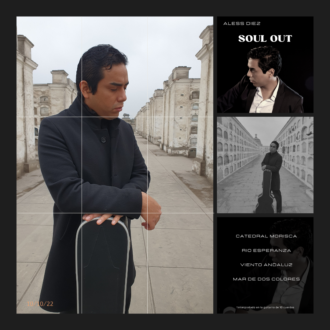Aless Diez guitarrista multicuerda y compositor peruano, foto del álbum Soul out para decacorde.